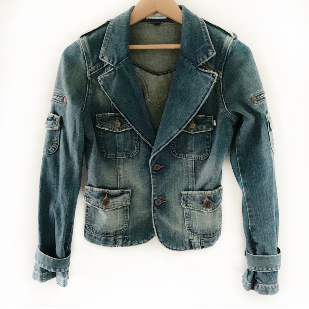 Blujeanious Distressed Stone Wash Jean Jacket Sz S